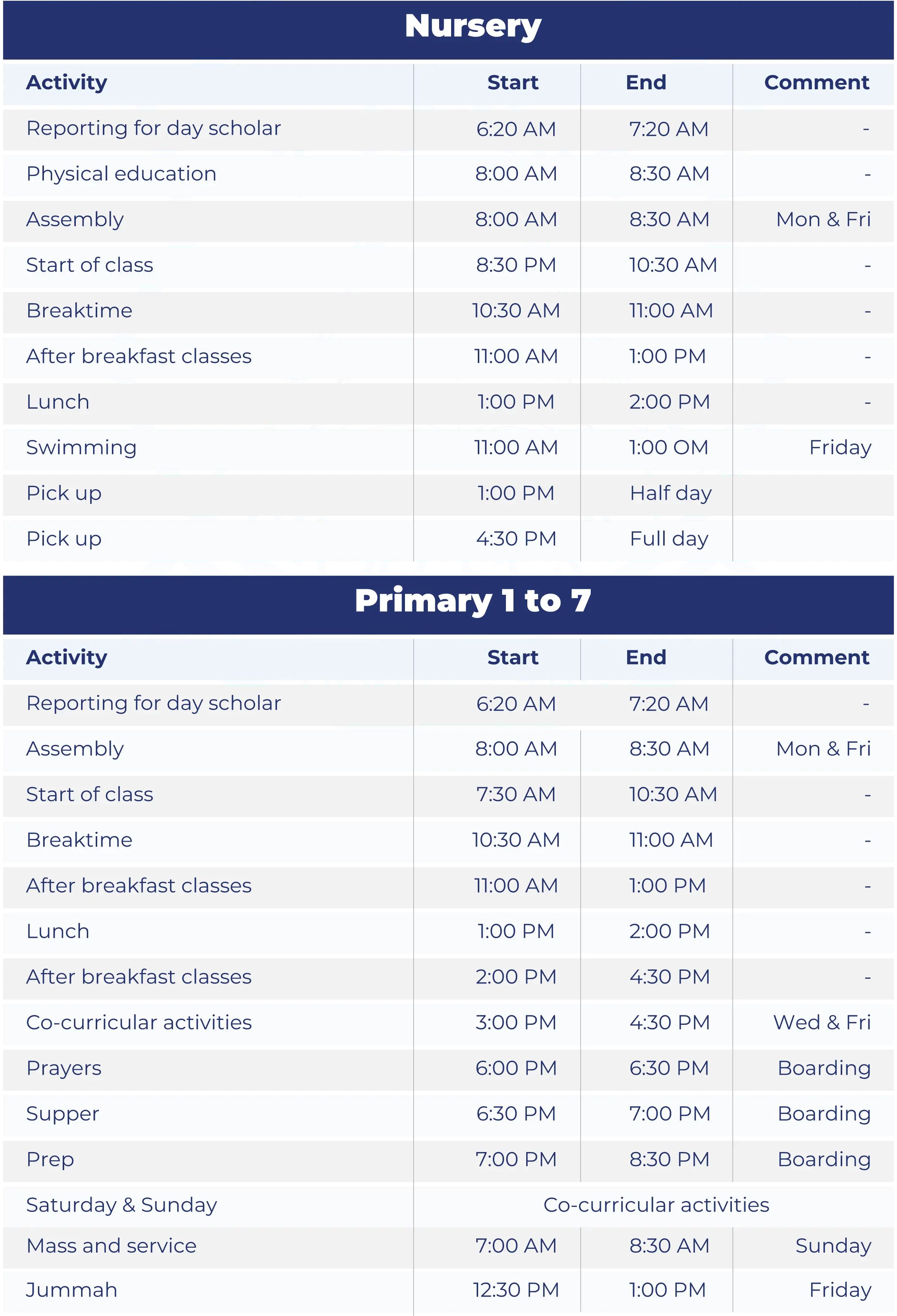 Image of school time table.